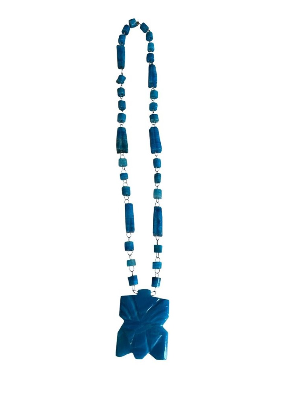 Vintage Turquoise Blue Glass Statement Necklace Chunky 70s Pendant Czech Style B